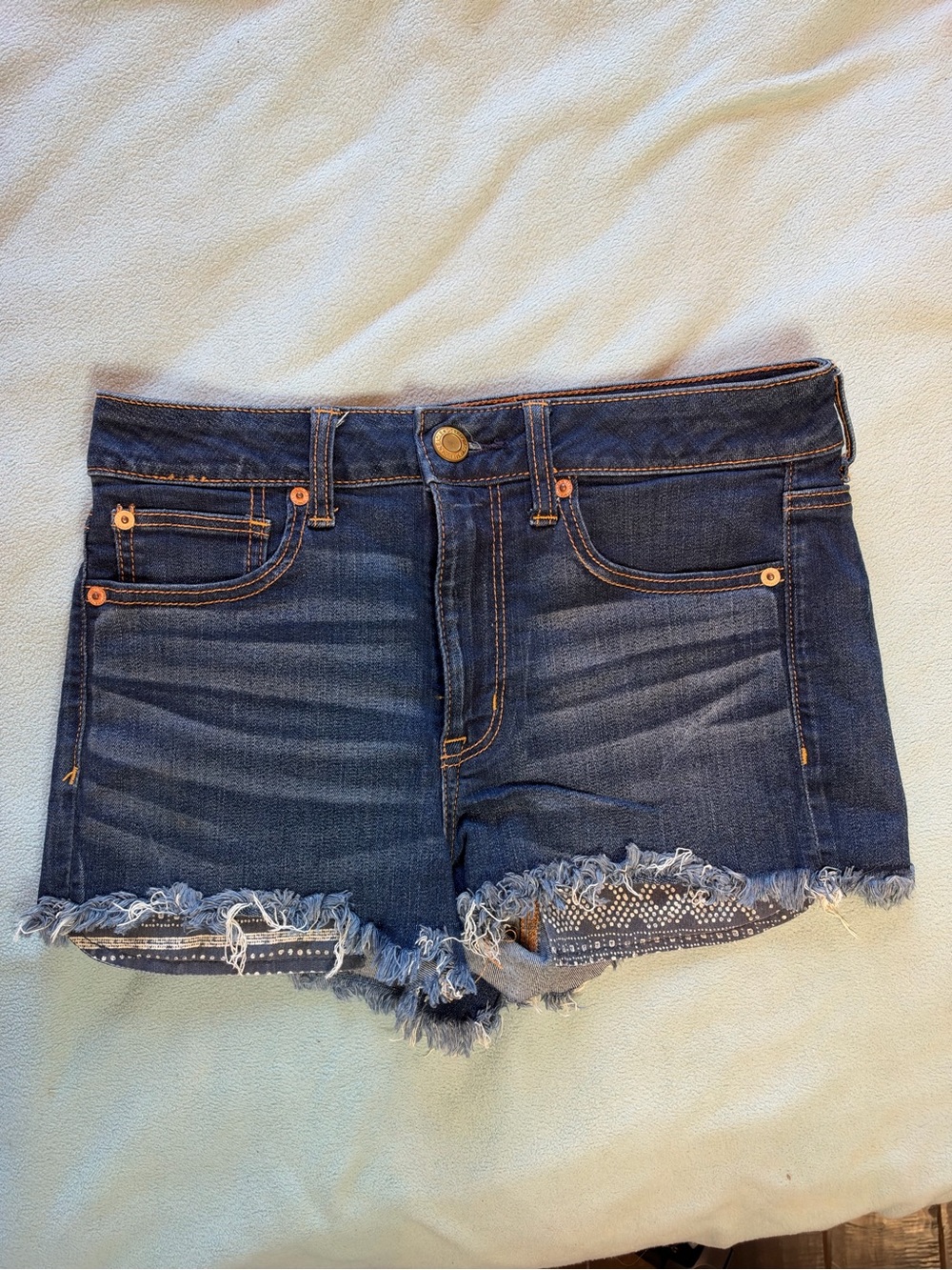American Eagle Outfitters Dark Blue Frayed Hem Denim Shorts